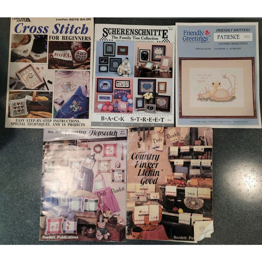 Lot X5 Vintage Cross Stitch Pattern Booklets Burdett, Leasure Arts, NEW
